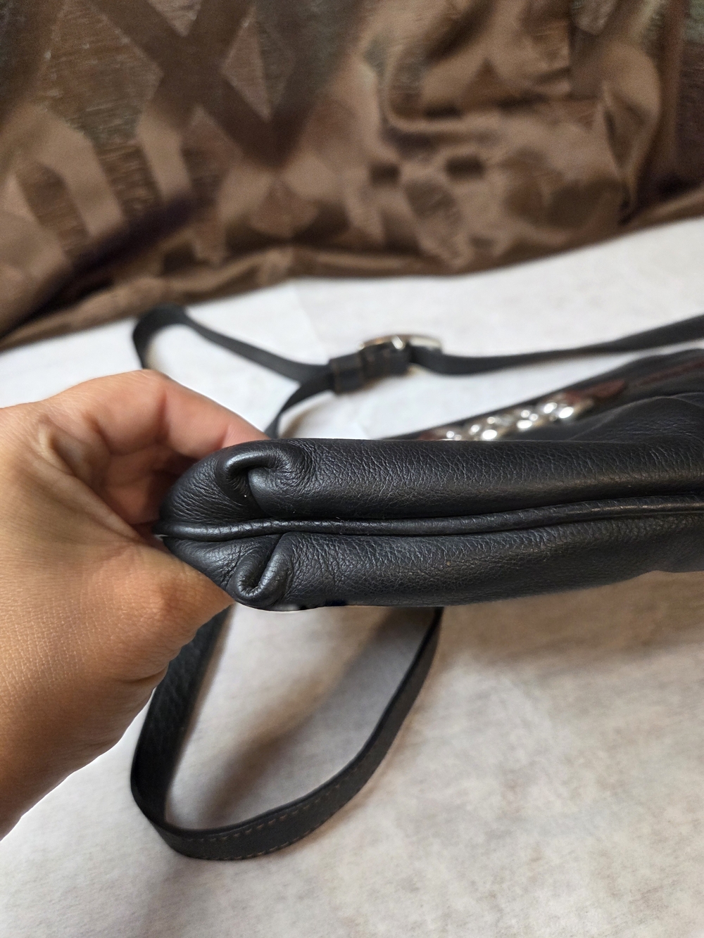 Brighton Black Leather Crossbody Bag with Brown Trim and Silver Accent - Picture 11 of 14